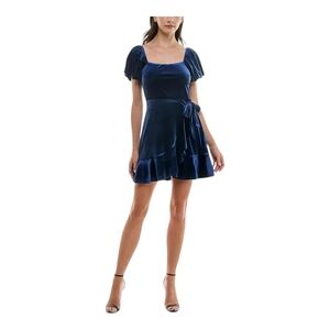 Trixxi Juniors Puff-Sleeve Faux-Wrap Velvet‎ Dress Navy Size S